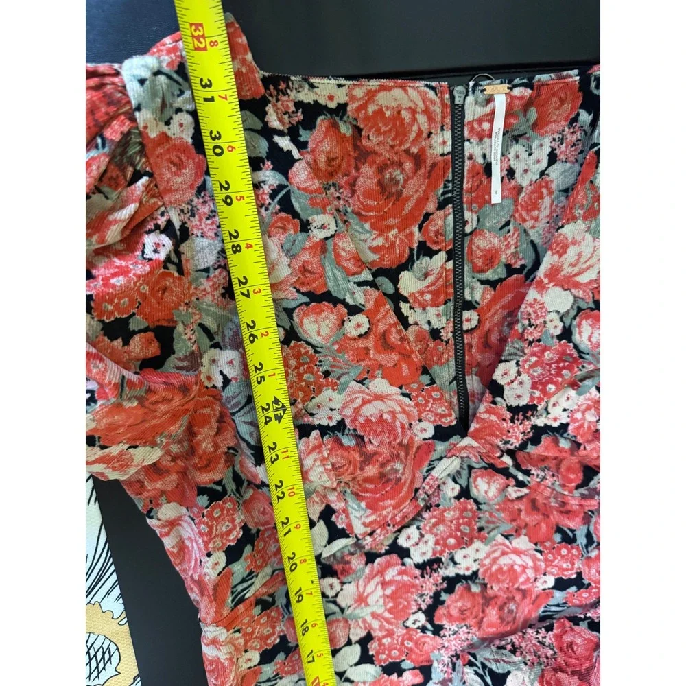 Free People Floral Corduroy Mini Dress Long Sleeve Puff Shoulder Size 8